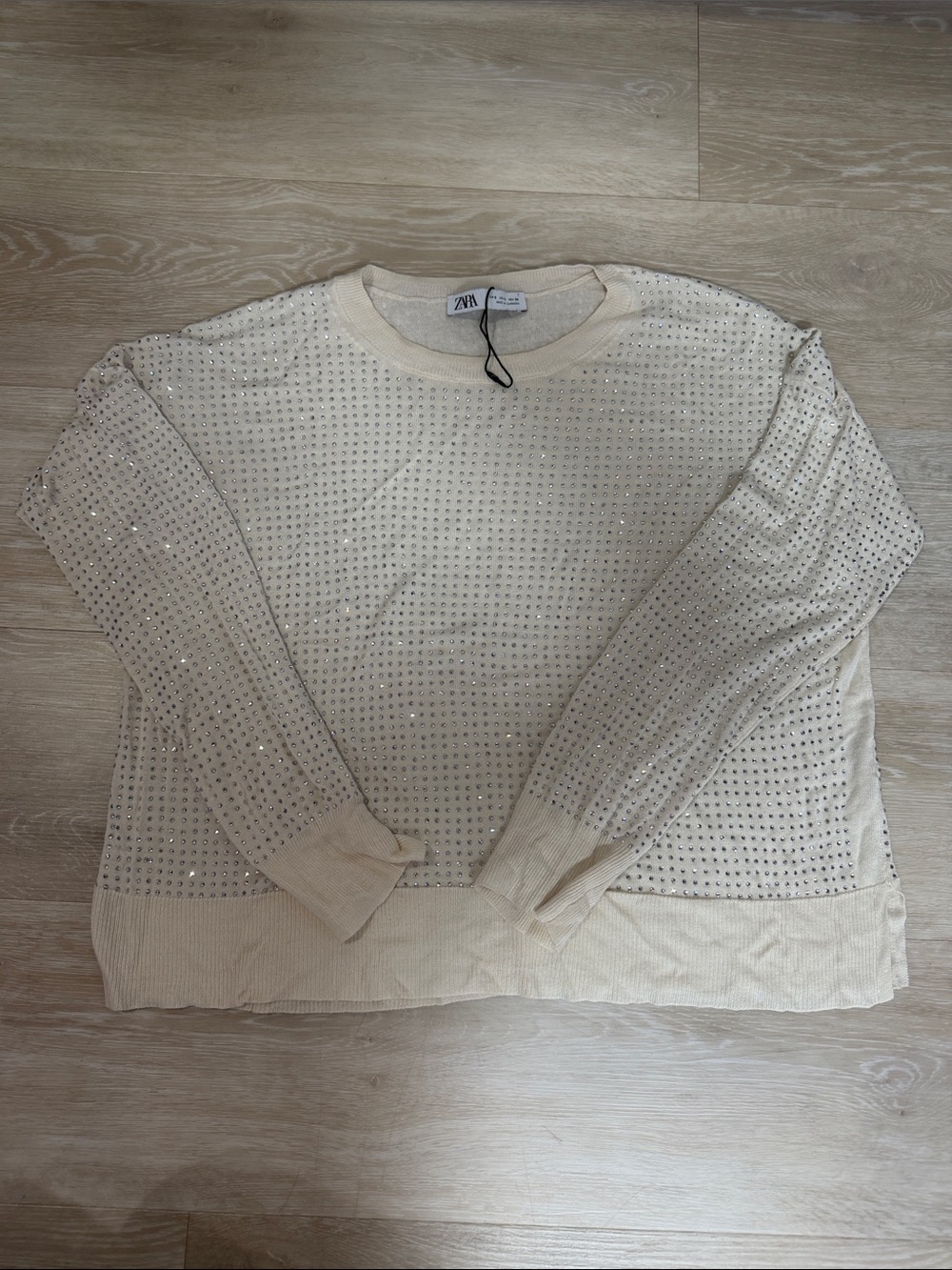 ZARA Cream Rhinestone Knit Sweater